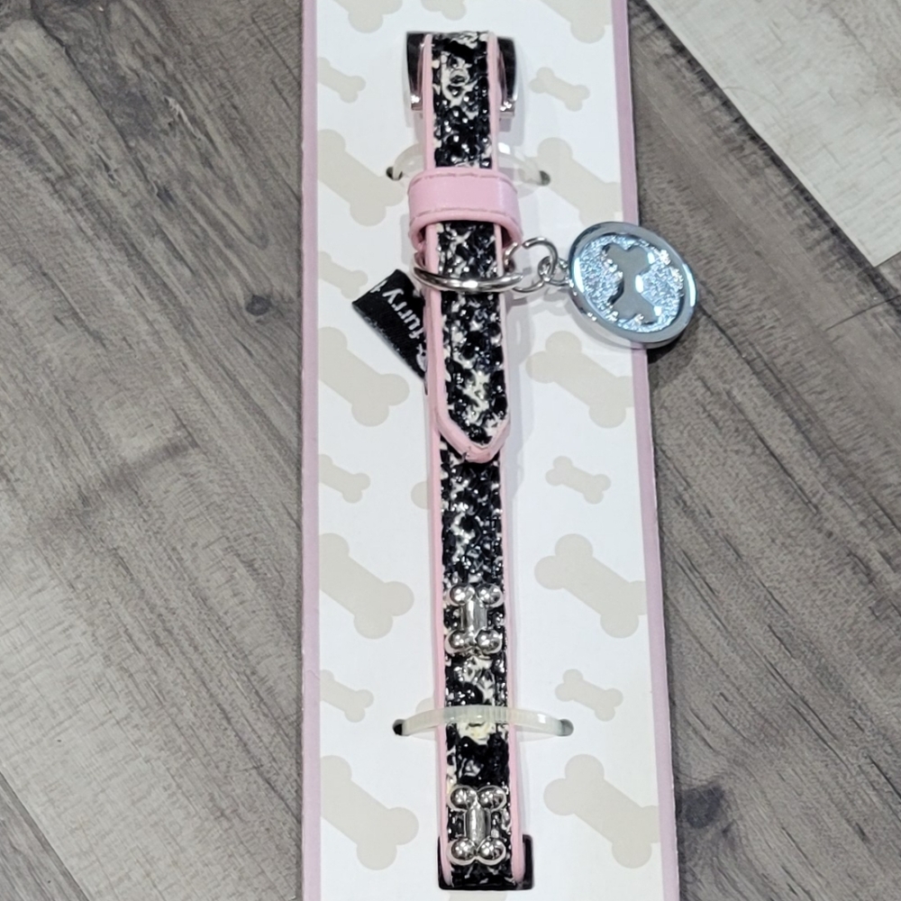 Pink and Black Dog Collar with Charm